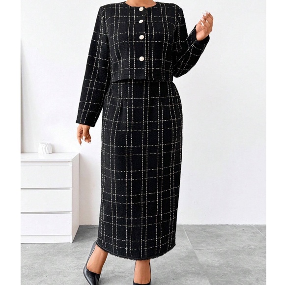 Plus Classic Plaid Print Tweed Blazer Maxi Skirt Set - Picture 5 of 9
